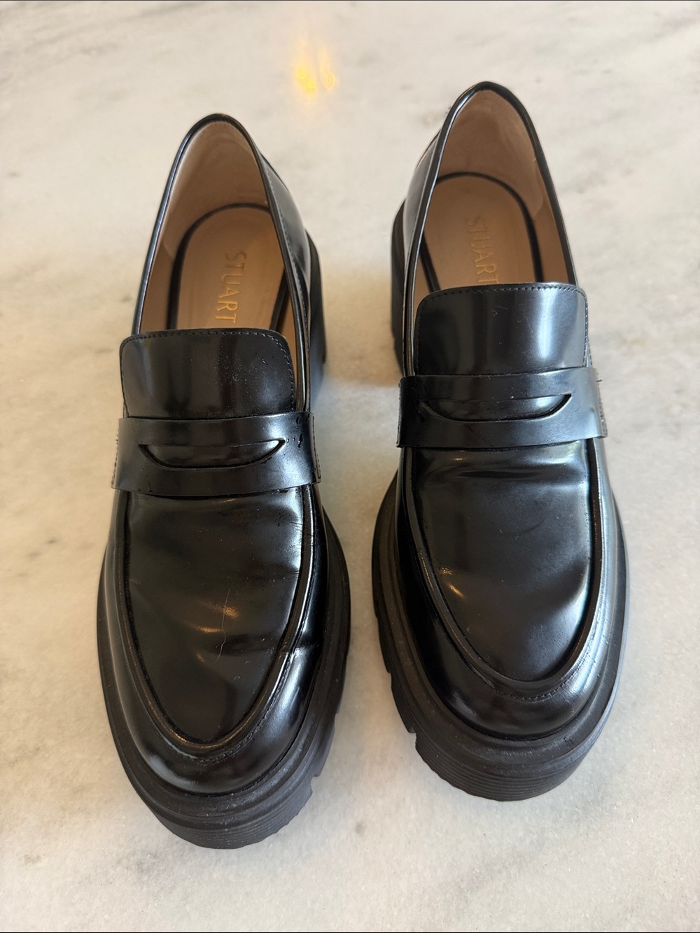 Stuart Weitzman Black Patent Leather Lug-Sole Penny Loafers